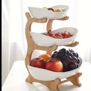 Three-Tier Wooden Fruit Stand with White Bowls